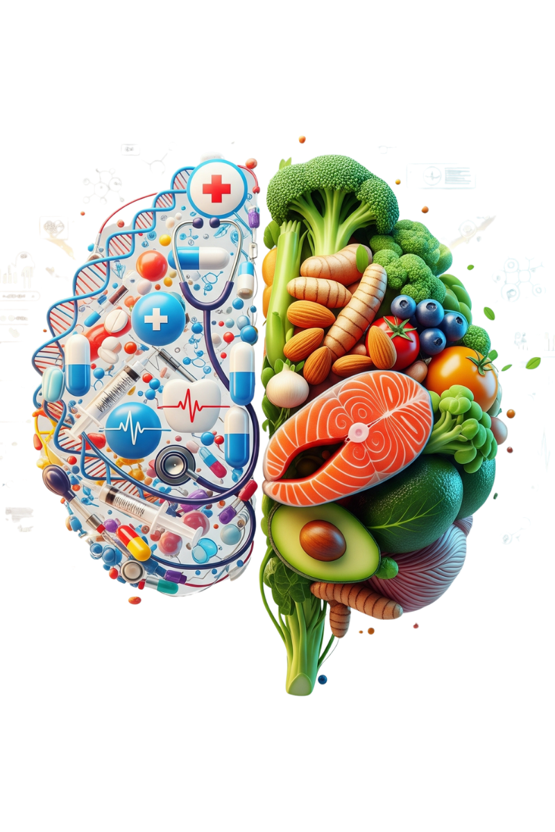 Split brain illustration: medicines on one side and natural foods on the other, symbolizing medicine and nutrition